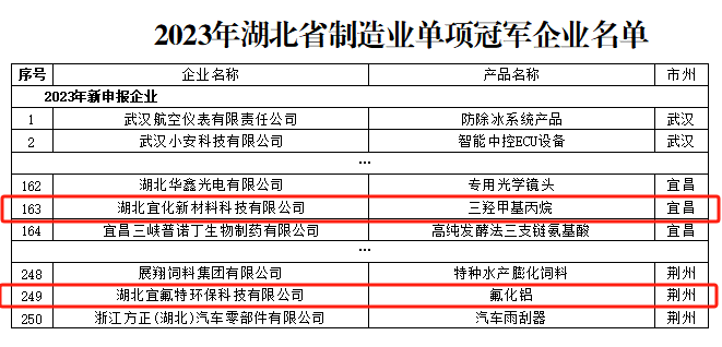 宜化新材料、宜氟特環(huán)保公司獲評2023年湖北省制造業(yè)單項冠軍企業(yè)